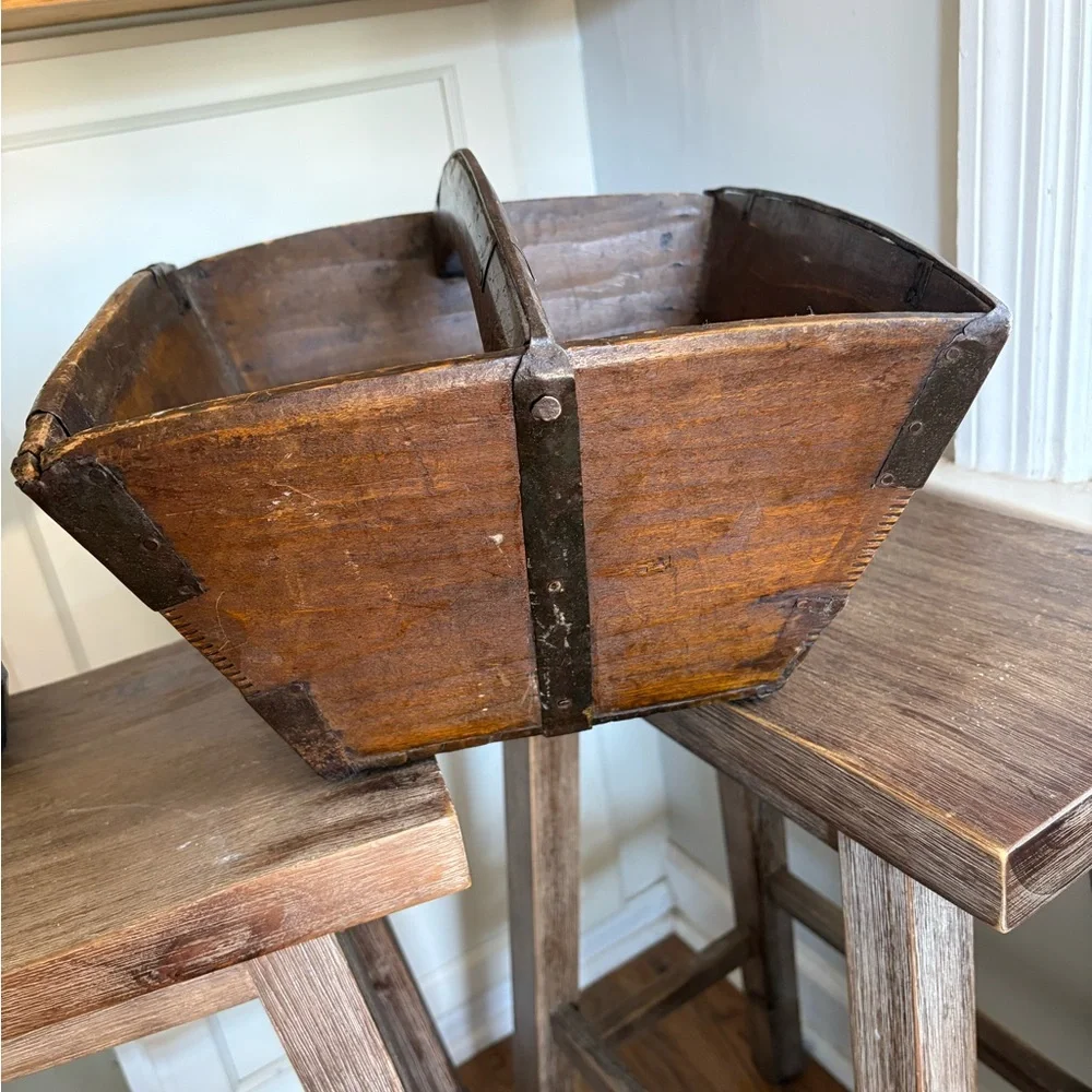 Antique LARGE Chinese Wooden IRON Rice gathering Grain Bucket